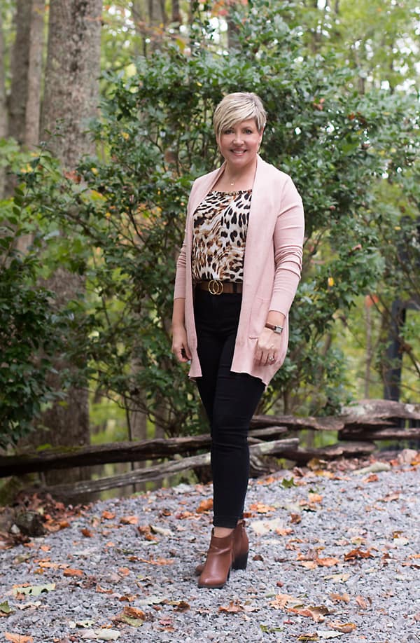 animal print camisole with cardigan, dressy casual outfits