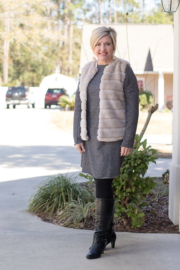 fur vest with sweatshirt dress Christmas outfit