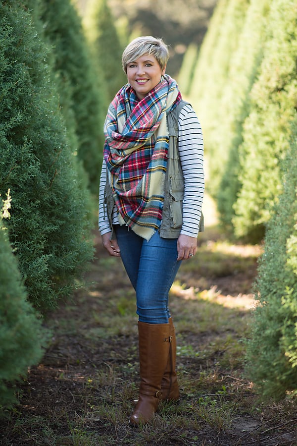 Christmas tree farm outfit with striped top and plaid blanket scarf