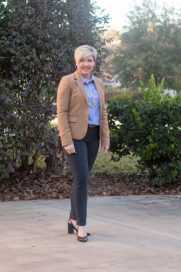 black watch plaid pants and camel blazer office outfit
