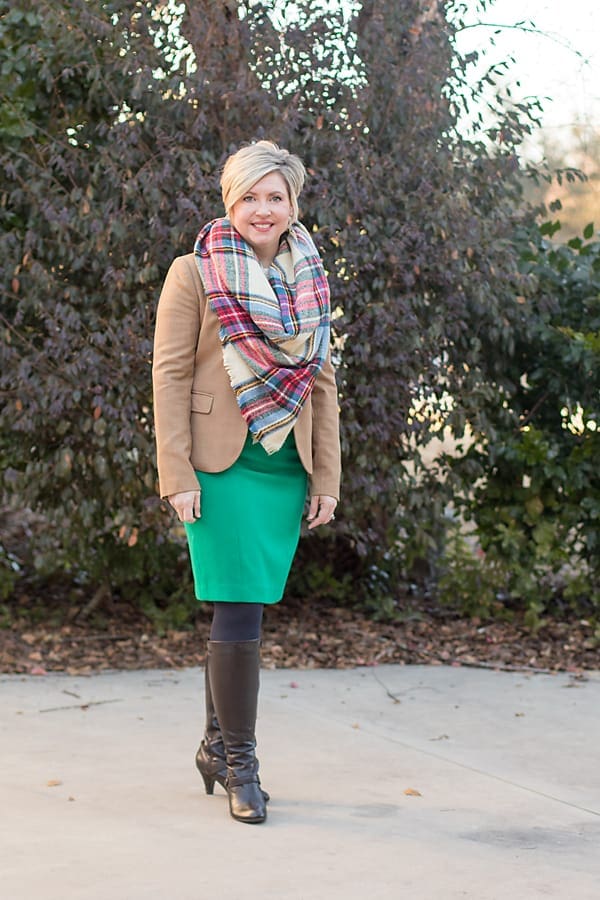 work wear outfit with camel blazer and green pencil skirt