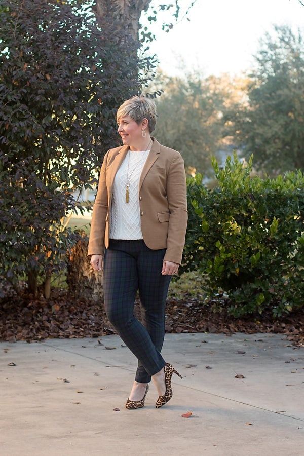 camel blazer with plaid pants