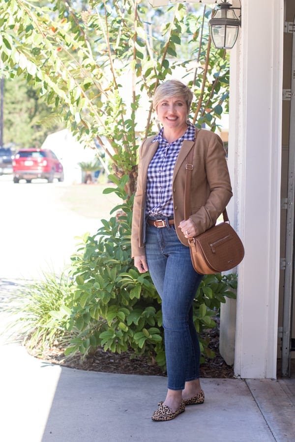 gingham shirt with camel blazer