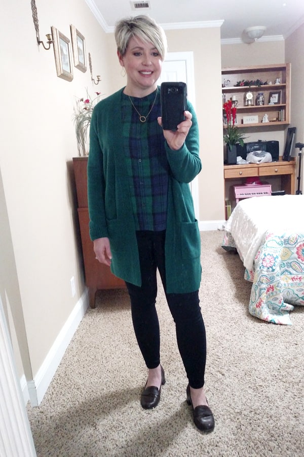 blackwatch plaid top and green cardigan