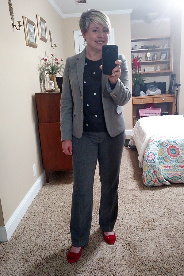 polka dot sweater and grey blazer