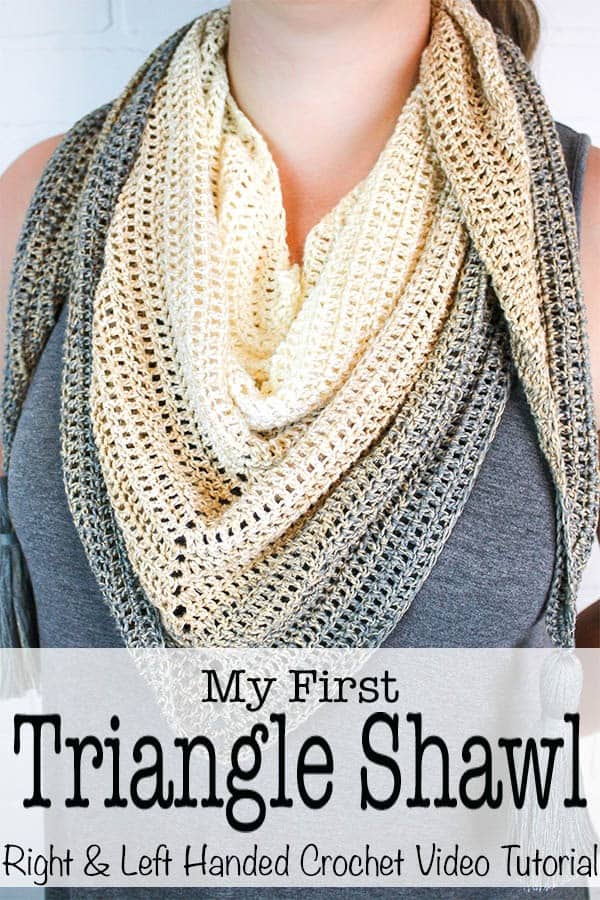 Simple, beautiful and customizable - My First Triangle Shawl is designed to really let the beauty of the yarn shine. This free crochet shawl pattern will walk you through the basics of making and shaping a triangle shawl. I have created a left and right handed crochet video tutorial to help you make your first triangle shawl. #crochet #freepatttern #crochetpattern #shawl #crochetshawl #forbeginners #crochetforbeginners