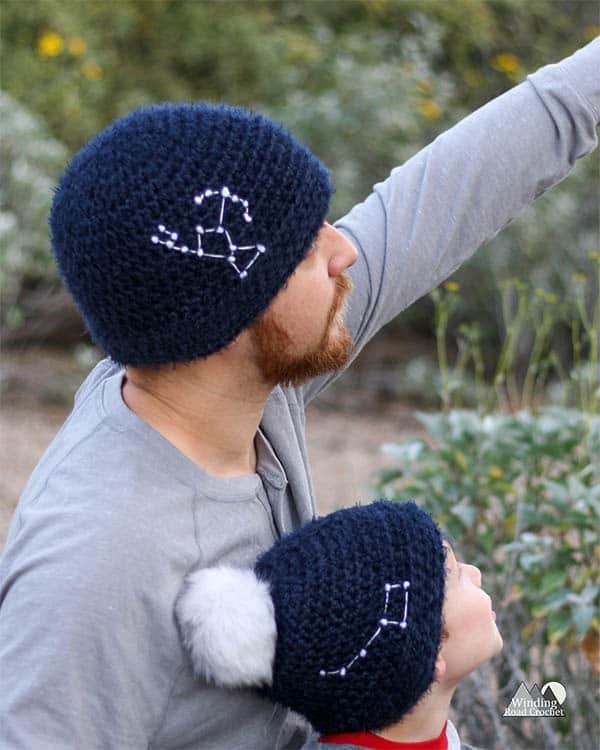 Learn to crochet this easy for beginners constellation beanie. Each beanie is as unique as a star with 16 constellation templates to choose from and adult, child and baby sizes. Get the free crochet pattern and learn an easy way to add star details to your crochet hat.