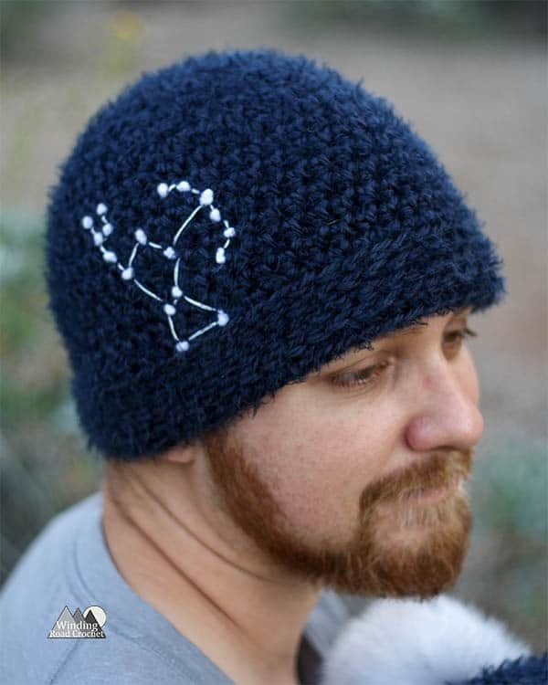 Learn to crochet this easy for beginners constellation beanie. Each beanie is as unique as a star with 16 constellation templates to choose from and adult, child and baby sizes. Get the free crochet pattern and learn an easy way to add star details to your crochet hat.