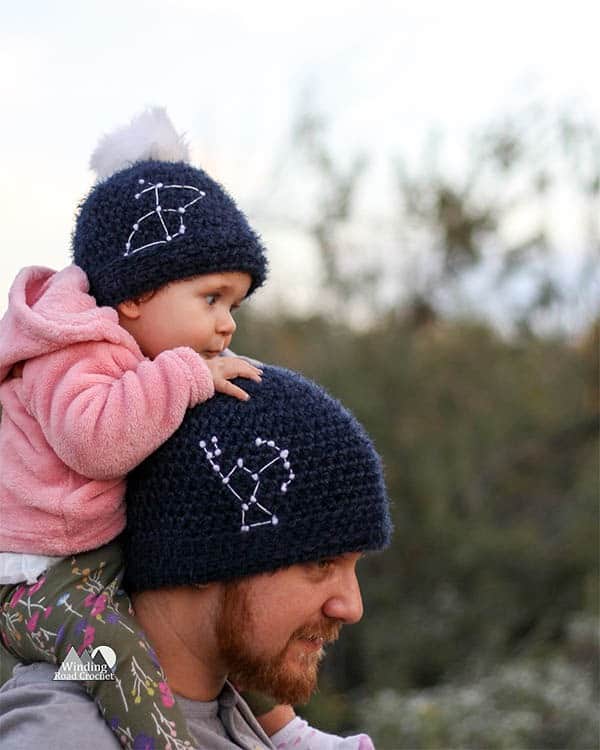 Learn to crochet this easy for beginners constellation beanie. Each beanie is as unique as a star with 16 constellation templates to choose from and adult, child and baby sizes. Get the free crochet pattern and learn an easy way to add star details to your crochet hat.