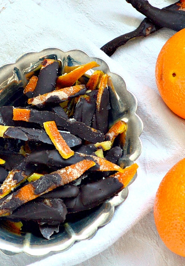 Dark chocolate covered candied orange peels