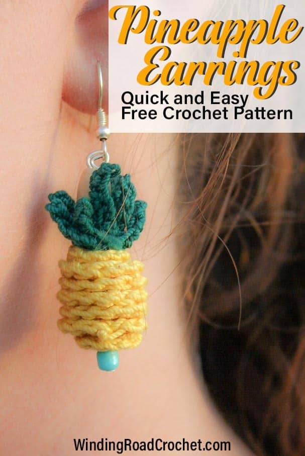 Make these quick and easy pineapple pendant earrings. Free crochet pattern by Winding Road Crochet. Perfect diy jewelry for summer. #summercrochet #crochetjewelry #crochetpineapple