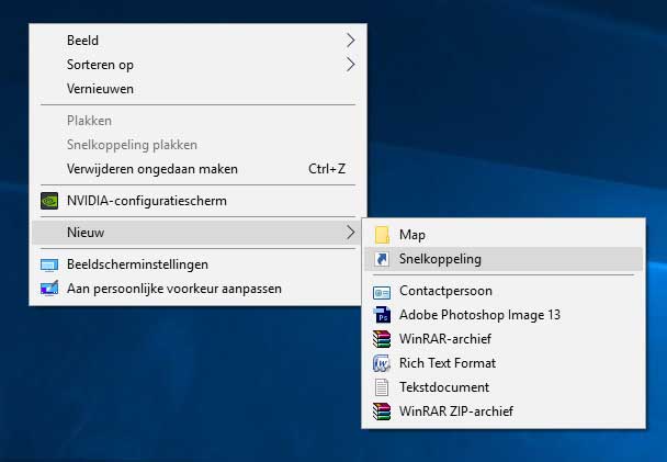 Kies 'nieuw' > 'snelkoppeling' om een nieuwe snelkoppeling te maken op je desktop.