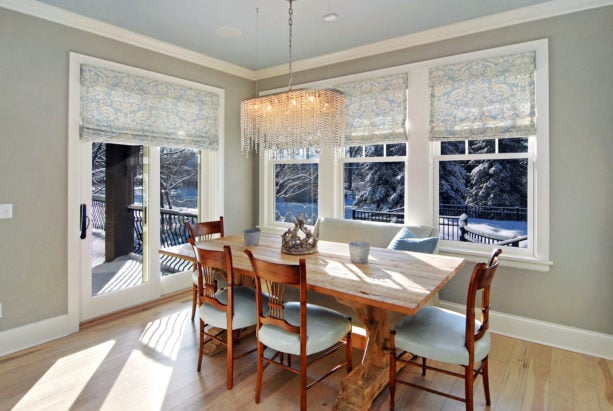 soft blue elegant patterned flat roman shades for doors and windows