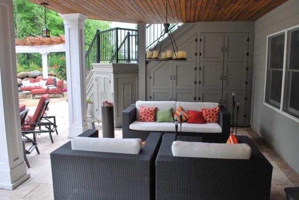 contemporary patio idea under deck with wooden ceiling