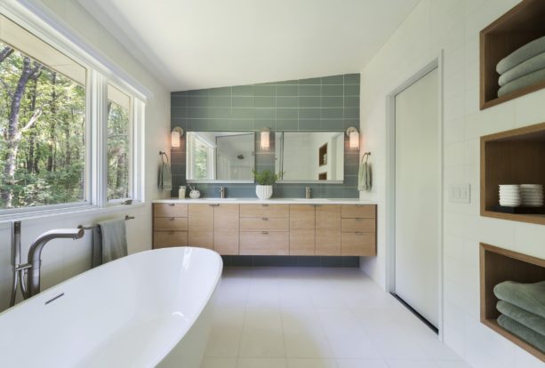 a mid-century modern bathroom interior with white marble floor