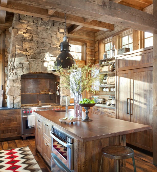 antique range backsplash behind stove only in a rustic kitchen