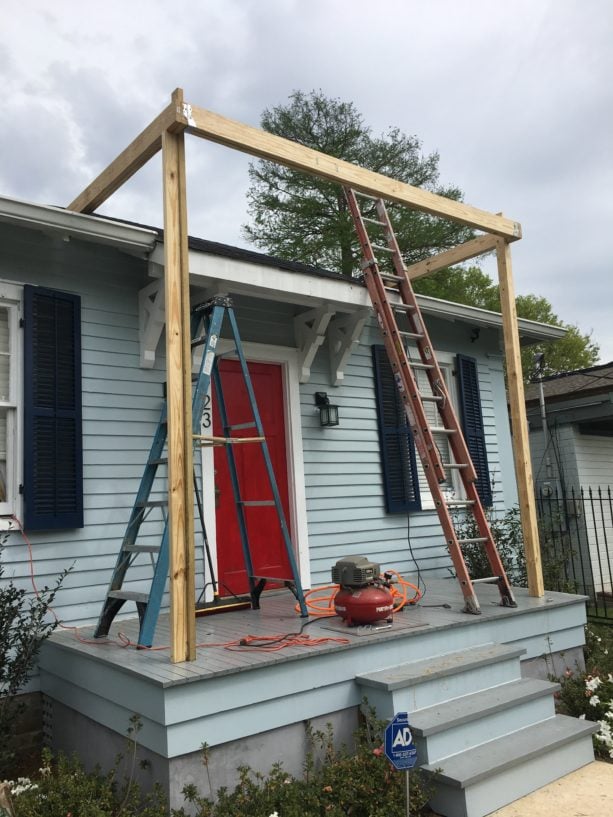 the installed top plate of a new roof for porch