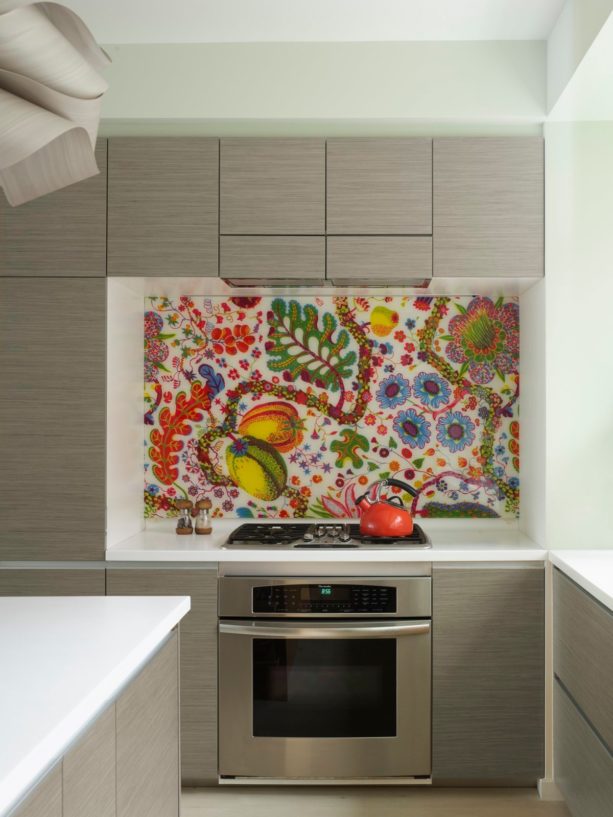 laminated fabric backsplash behind stove only in an eclectic kitchen