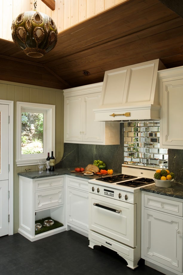 beveled antique mirror tiles backsplash behind stove only