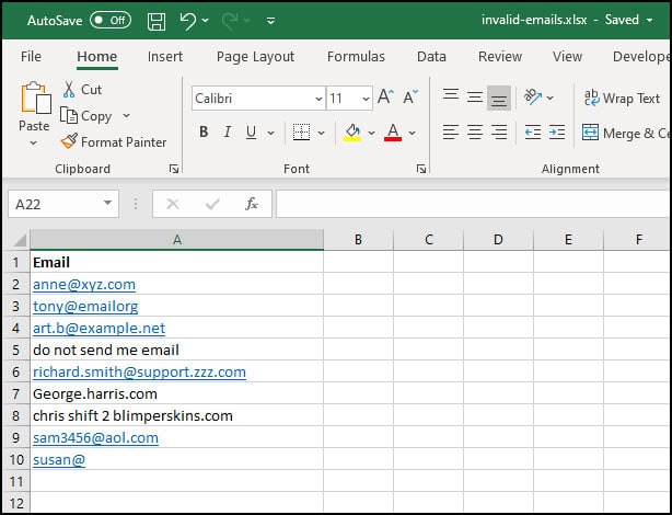 Excel sheet with email addresses.