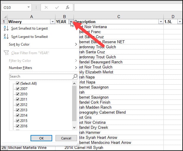 Autofiler set and drop-down entries in menu.