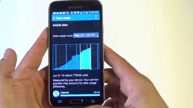 Checking mobile data usage on a Samsung Galaxy S5.