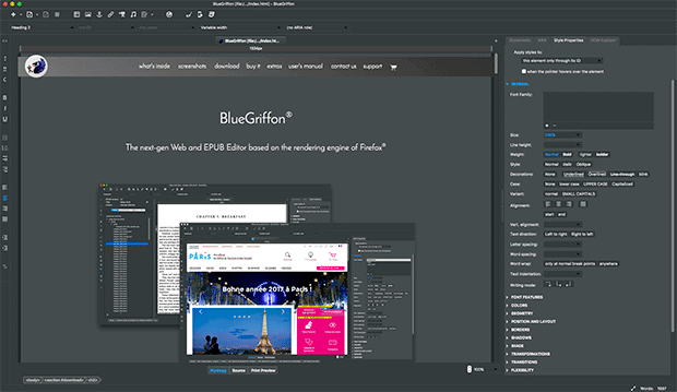 De Interface van BlueGriffon doet denken aan die van Photoshop.