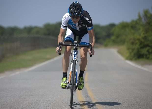 Straight on view of a road cyclist coming up the road