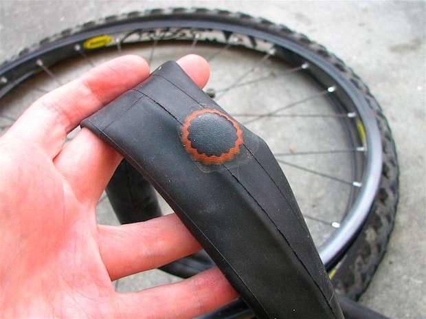 A bike tube that has been patched