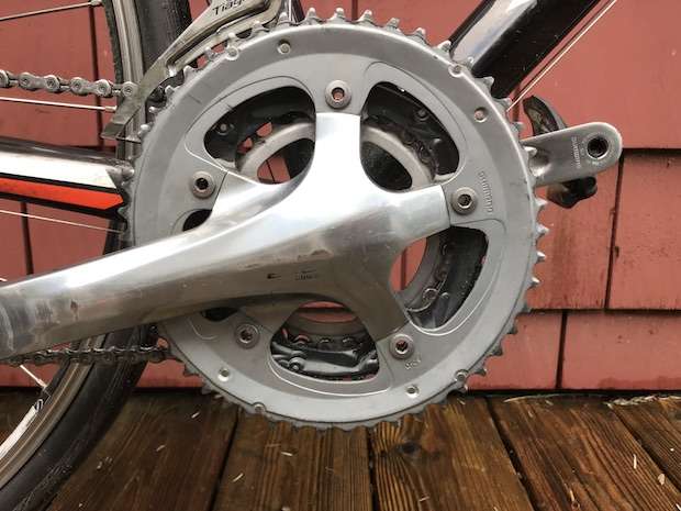 Chainrings at the front of a bike.