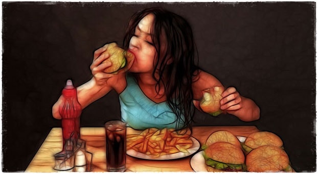 Девушка точит гамбургер