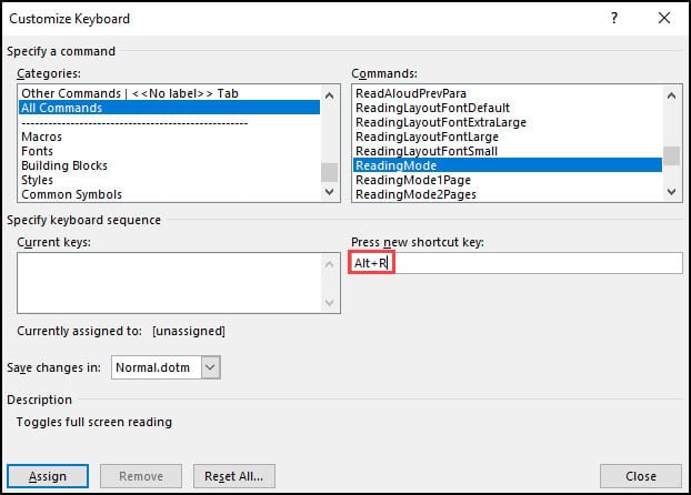 New shortcut assignment for Reading Mode.