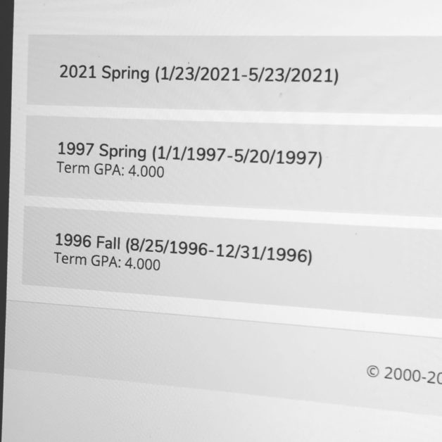 screenshot of Kristen's academic record.