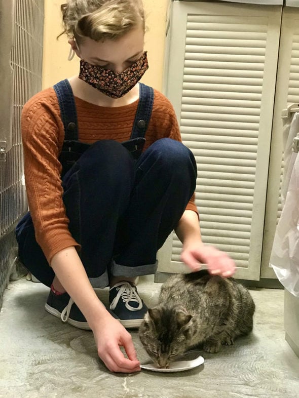 Sonia in overalls petting a cat.