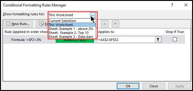 Selecting worksheet to locate rules.