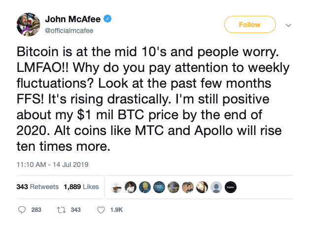 Still Positive About 1 Million Bitcoin Price By 2020 End John Mcafee - 