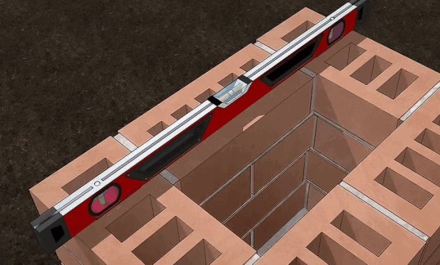 CHECK LEVEL IS FLAT AND EVEN BUILD PORCH COLUMN BRICK