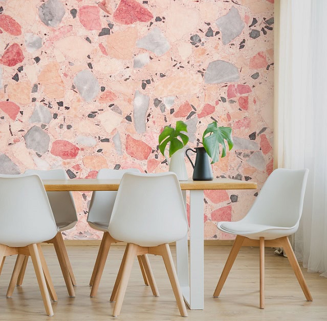 Tavolo da pranzo in rovere e laccato bianco con carta da parati terrazzo sul fondo