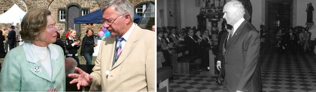 Prof. Dr. h.c. mult. Irene Ludwig im Gespräch mit dem ehem. Oberbürgermeister der Stadt Koblenz, Prof. Dr. Joachim Hofmann-Göttig, Sommerfest 2010. Quelle und Copyright: Helmut Beier, 2010; Peter Ludwig beim Gottestdienst in der Basilika St. Kastor anlässlich der Einweihung des Ludwig Museum, Koblenz im Jahr 1992. Quelle und Copyright: Ludwig Museum Koblenz