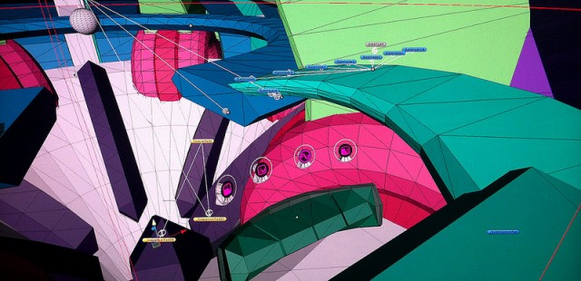 Believe it or not, this colorful 3D world represents "setting up the polyphonic pad pattern sequencer." Synths, reimagined as 3D game. Image courtesy the developers.