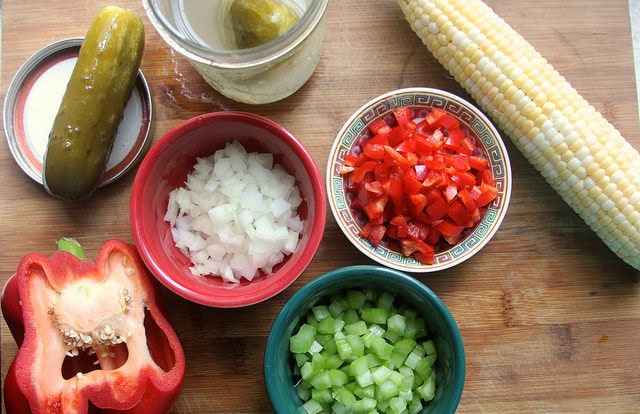 Potato Salad With Sweet Corn Peppers Pickles Not Eating Out