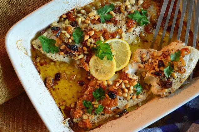 Olive Oil Baked Fish with Pine nuts and Raisins