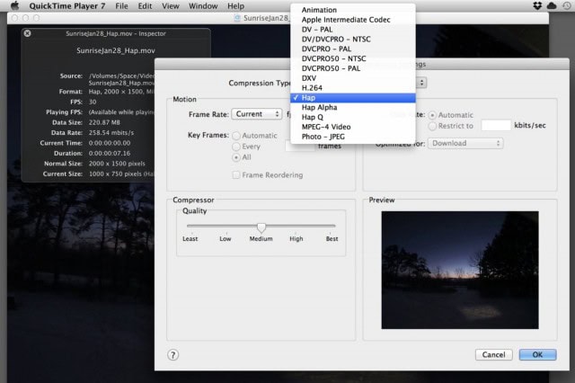 If you know how to use QuickTime export, you know how to use Hap. The one catch: your VJ apps need to be upgraded to take advantage of GPU acceleration. (Files will play, but without the performance gains.)