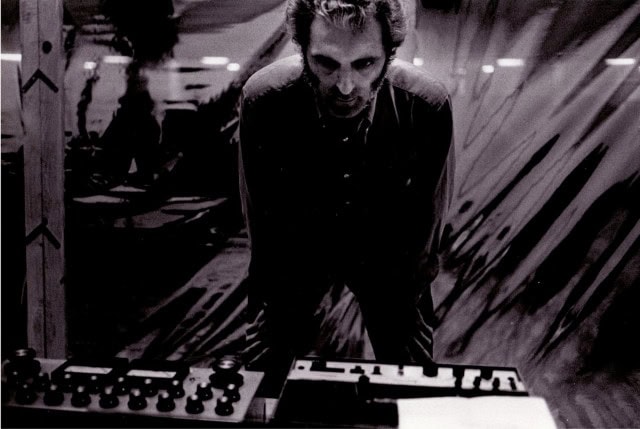 The synth innovator at work, as pictured in a photo from the collections of the Bob Moog Foundation.