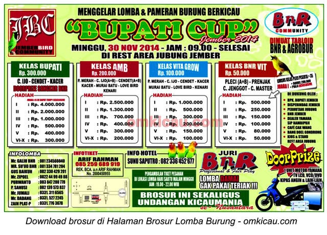 Brosur Lomba Burung Berkicau Bupati Cup, Jember, 30 November 2014