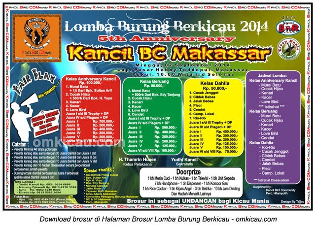 Brosur Lomba Burung Berkicau 5th Anniversary Kancil BC, Makassar, 7 September 2014