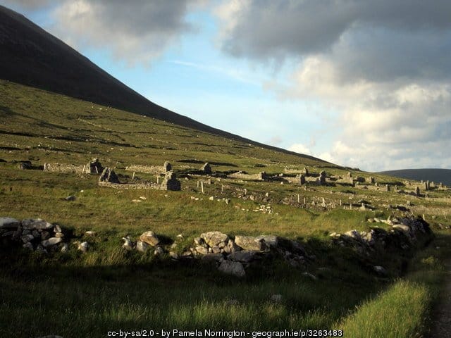View of abandoned homes in The Deserted Village on Achill Island, County Mayo