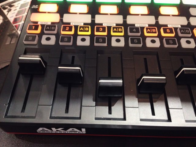 The APC40 mkII now really looks like the mixer strips in Ableton's Session View. Knobs are at the top, and can be mapped to pan or sends. And note the dedicated A and B buttons for assigning tracks quickly to the crossfader. That could make the APC40 mkII a preferred controller for live/DJ use.