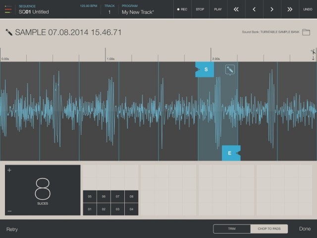 Slice and dice and edit pads quickly, either choosing in and out points alone, or dividing a sample across your pads. Just be aware that to hear the results, you'll need to tap the controls at the bottom of the screen.