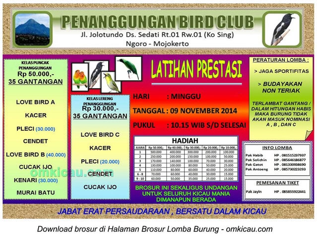 Brosur Latpres Burung Berkicau Penanggungan BC, Mojokerto, 9 November 2014